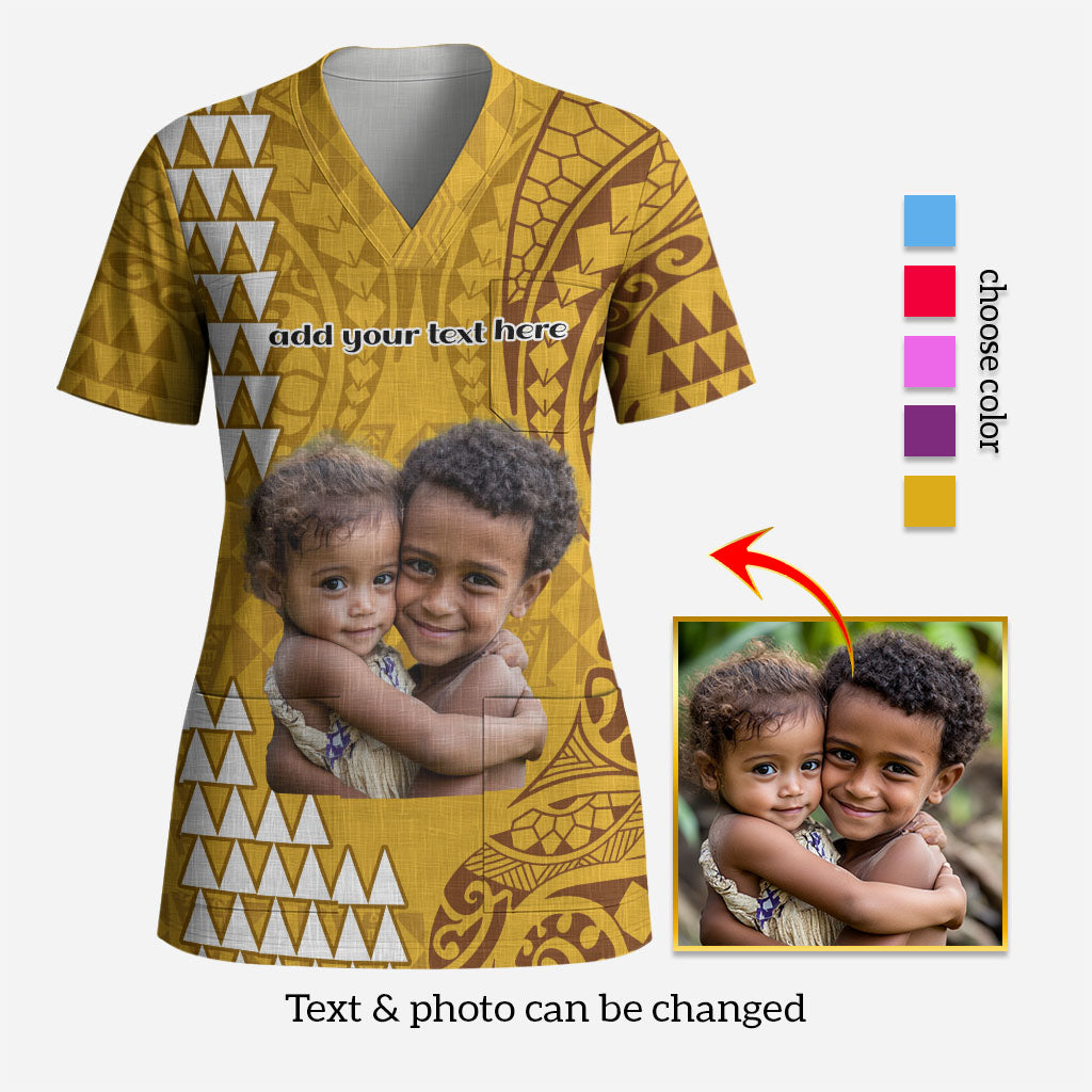 Custom Photo Hawaii Scrub Top Kakau Mixed Polynesian Tribal
