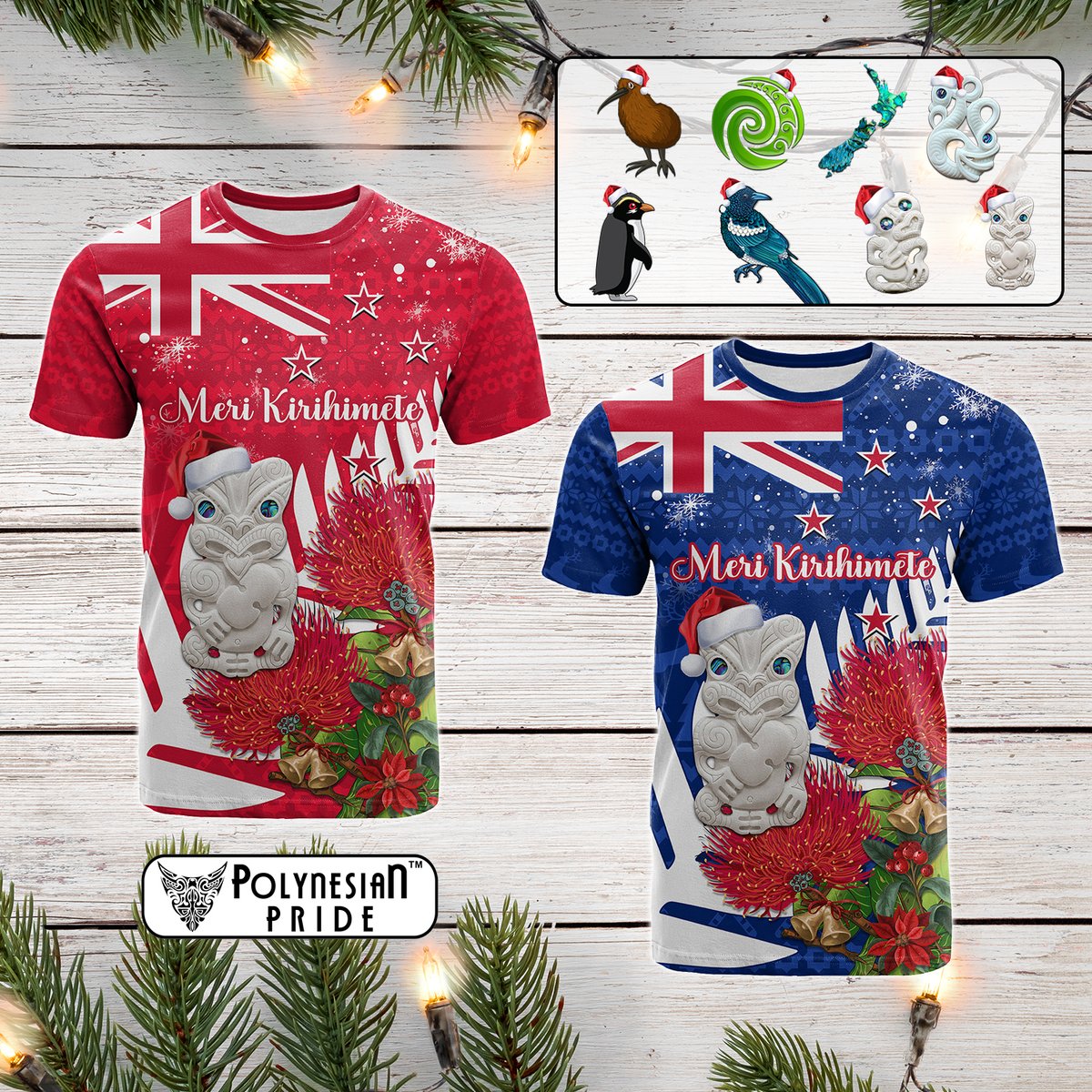 Custom New Zealand Christmas In July T Shirt Meri Kirihimete Aotearoa Pohutukawa Flowers CTM14 Multicolor - Polynesian Pride