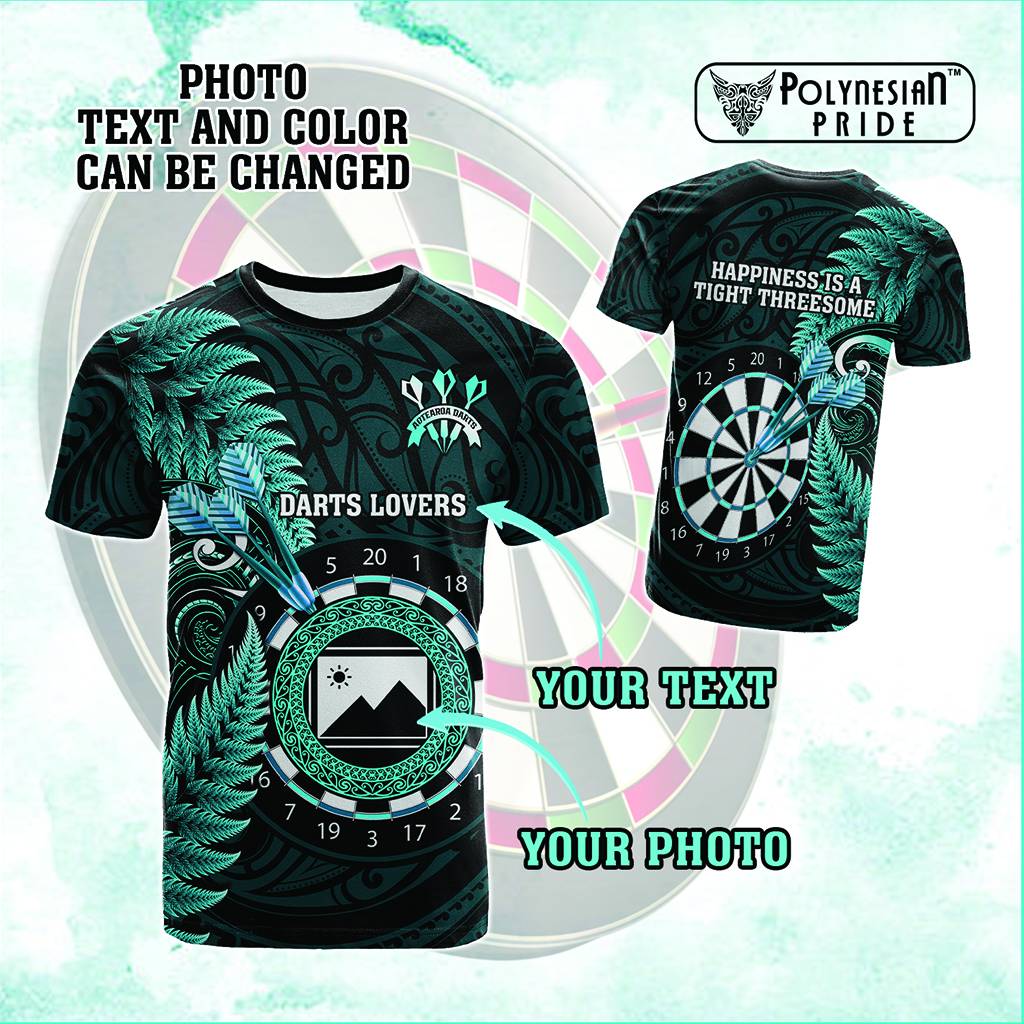 Custom Photo New Zealand Darts T shirt Aotearoa Maori Happiness Is A Tight Threesome CTM14 - Polynesian Pride