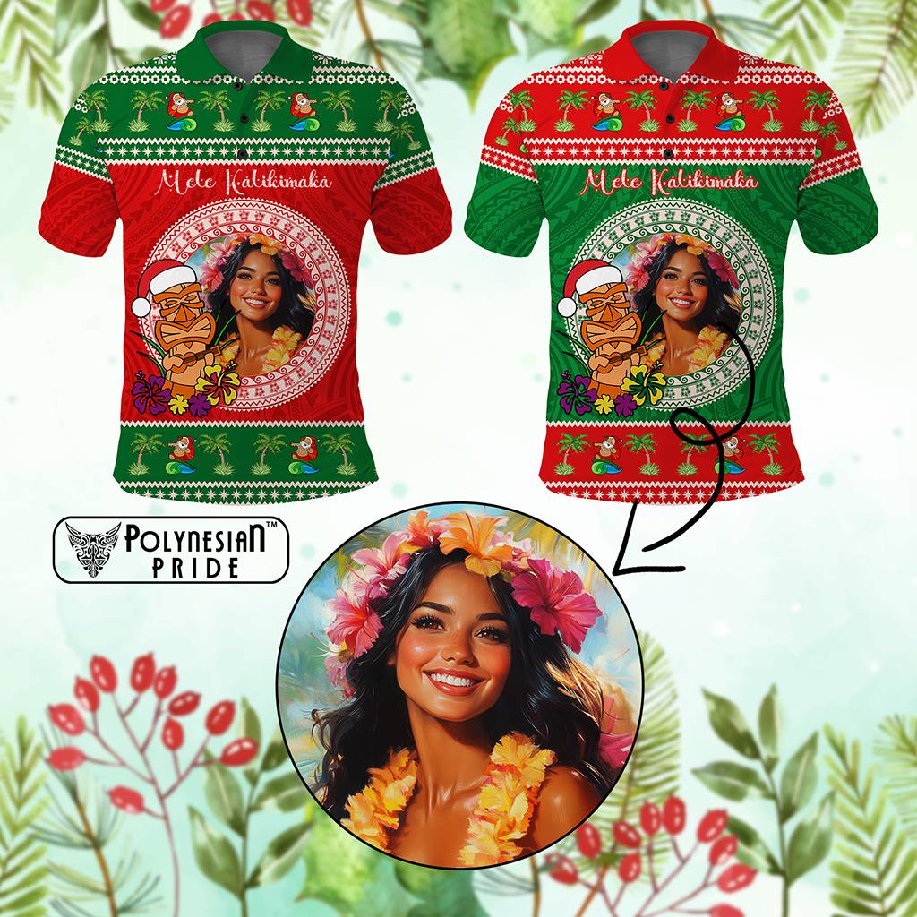 Custom Photo Aloha Hawaii Christmas Polo Shirt Tiki Santa Mele Kalikimaka