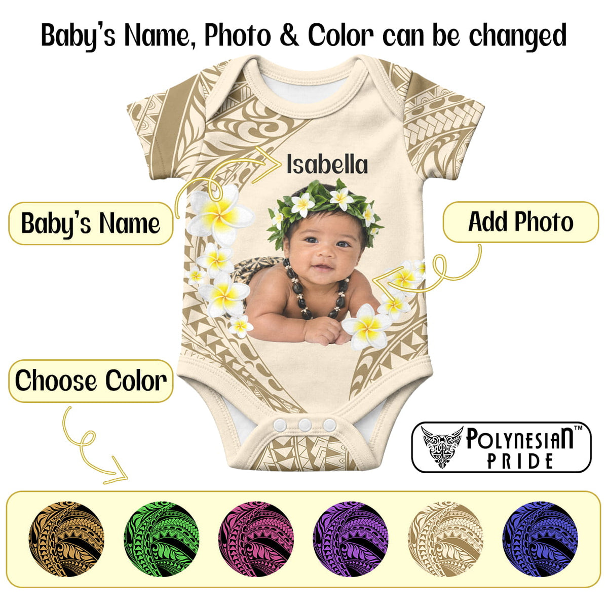 Custom Baby Photo Plumeria Polynesian Pattern Baby Onesie