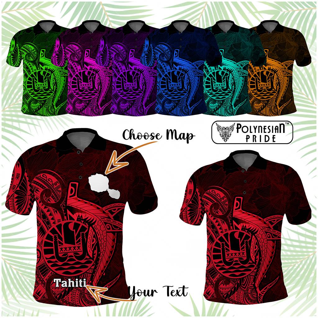 Custom French Polynesia Polo Shirt Map Of Islands Flag Hibiscus With Polynesian Shark Tattoo