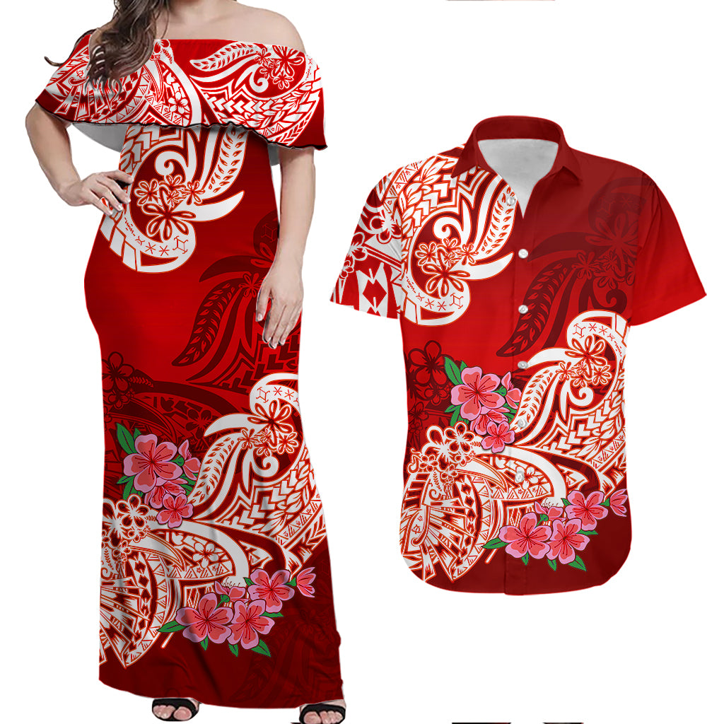 Polynesian Flower Tribal Matching Dress and Hawaiian Shirt Red LT9 - Polynesian Pride