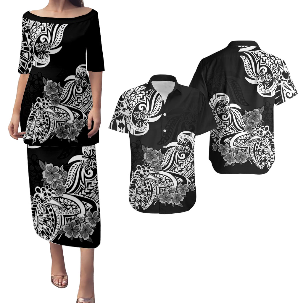 Polynesian Matching Couple Outfit Floral Tribal Puletasi Dress and Hawaiian Shirt Black LT9 - Polynesian Pride
