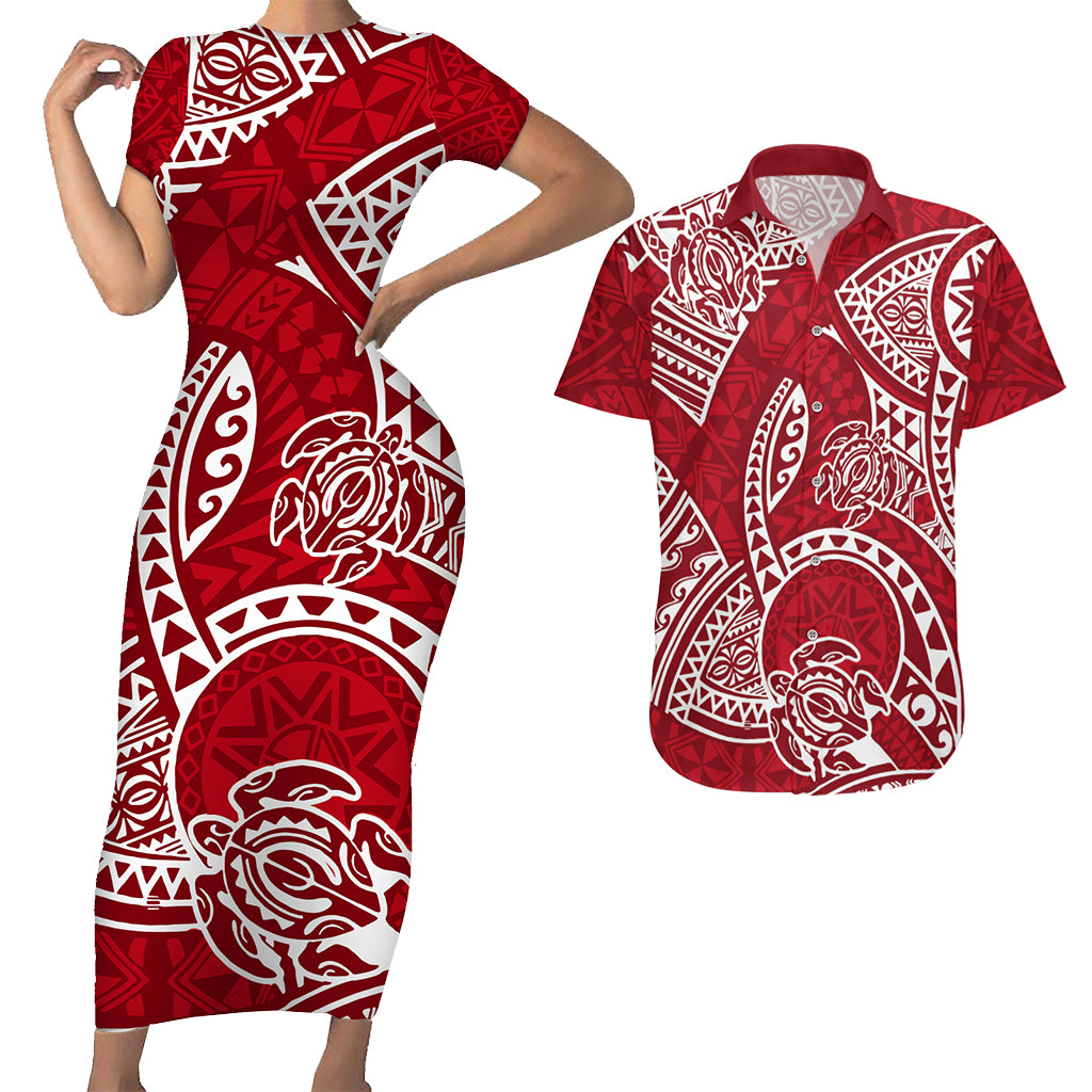 Hawaii Couples Matching Short Sleeve Bodycon Dress and Hawaiian Shirt Hawaiian Tribal Honu Red Version LT14 Red - Polynesian Pride