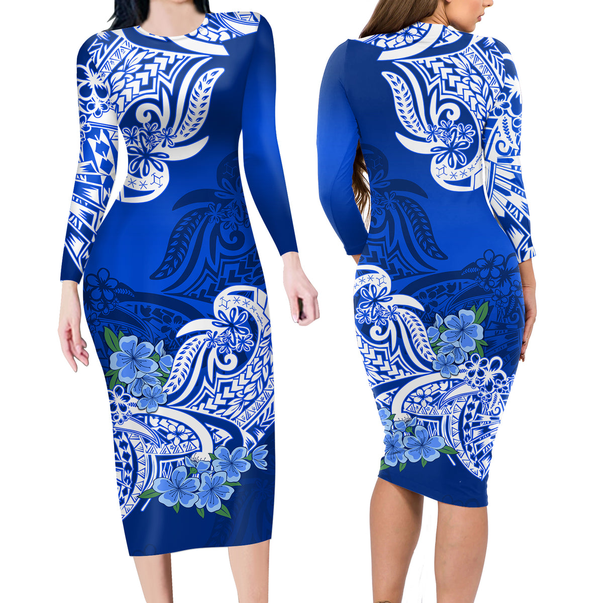 Polynesian Matching Outfit For Couples Floral Tribal Blue Style Bodycon Dress And Hawaii Shirt LT9 - Polynesian Pride