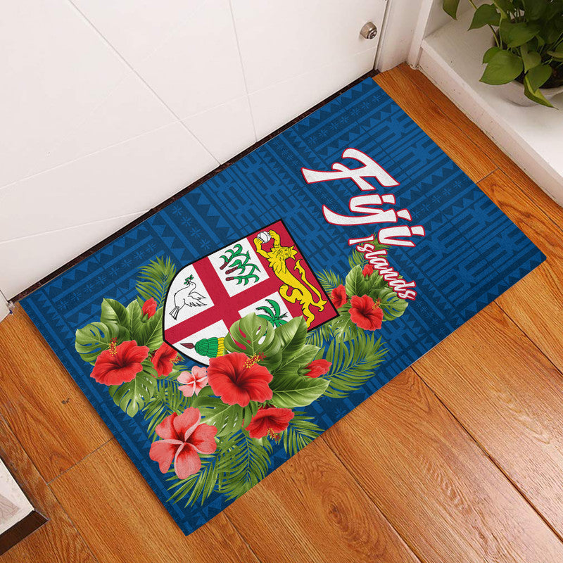 Fiji Islands Door Mat Tropical Flowers and Tapa Pattern LT9 Blue - Polynesian Pride