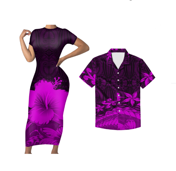 Polynesian Pride His And Hers Matching Tropical Outfits Hawaii Hibiscus Floral Bodycon Dress And Hawaii Shirt - Polynesian Pride