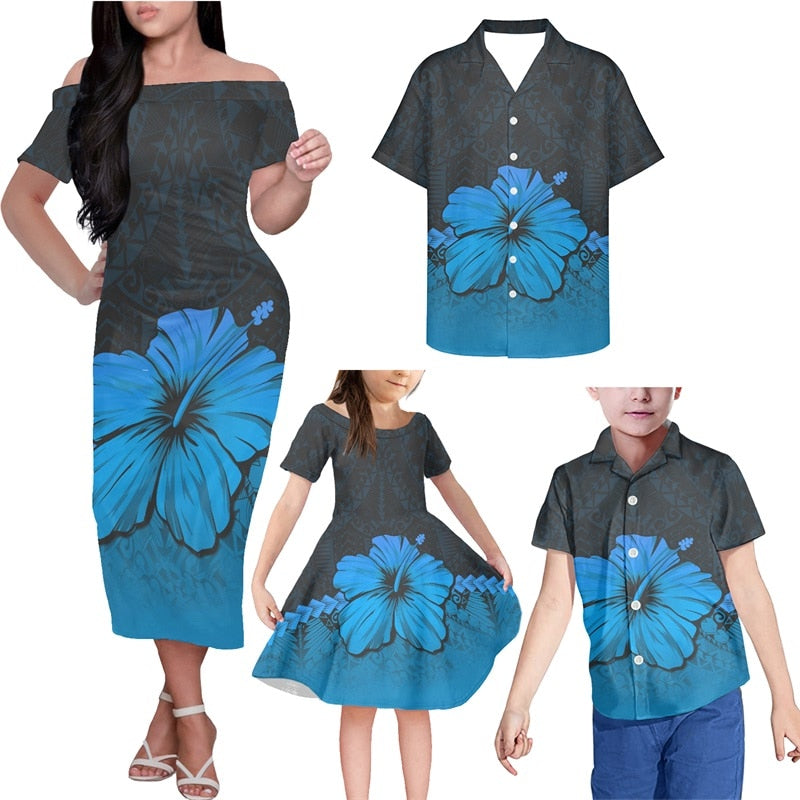 Hibiscus Hawaii Polynesian Family Matching Outfits Hawaii Tropical Off Shoulder Long Sleeve Dress And Shirt - Polynesian Pride