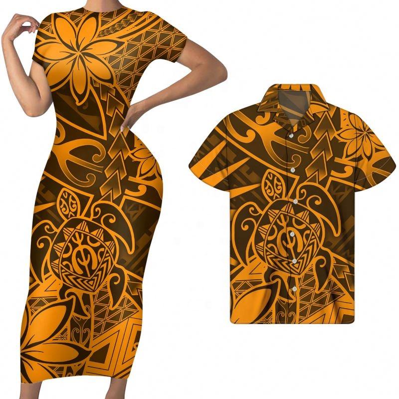 Polynesian Pride Matching Clothes For Couples Turtle Plumeria Polynesian Tribal Bodycon Dress And Hawaii Shirt - Polynesian Pride