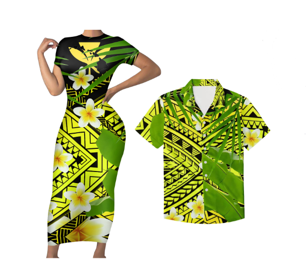 Polynesian Pride Hawaii Matching Outfit For Couples Polynesian Tribal Kanaka Maoli Bodycon Dress And Hawaii Shirt - Polynesian Pride