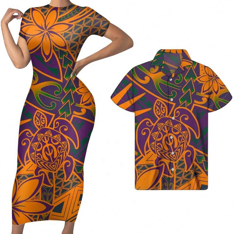 Polynesian Pride Matching Outfit For Couples Orange Turtle Plumeria Polynesian Tribal Bodycon Dress And Hawaii Shirt - Polynesian Pride