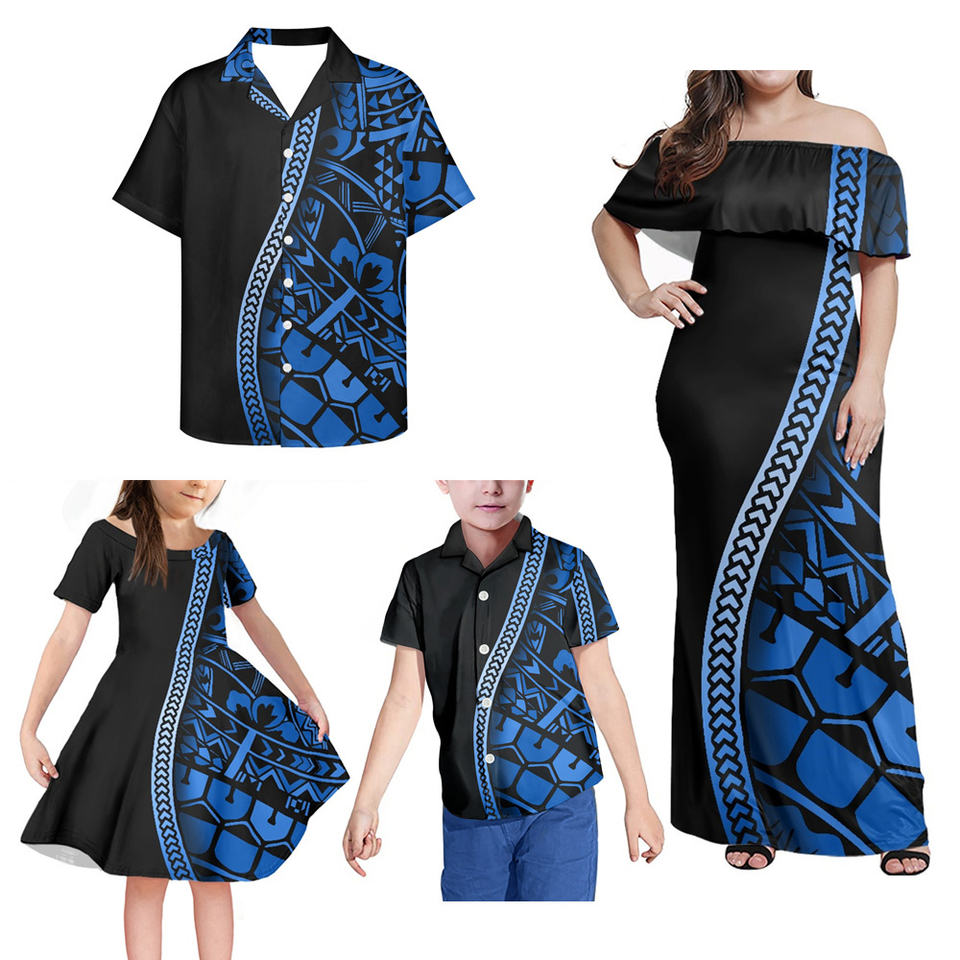 Polynesian Family Matching Outfit Polynesian Tribal Tattoo Print Blue Curve Off Shoulder Long Sleeve Dress And Hawaii Shirt Family Set - Polynesian Pride