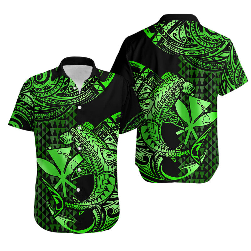 Hawaii Hammerhead Shark Hawaiian Shirt Polynesian Kakau With Kanaka Green LT14 Green - Polynesian Pride