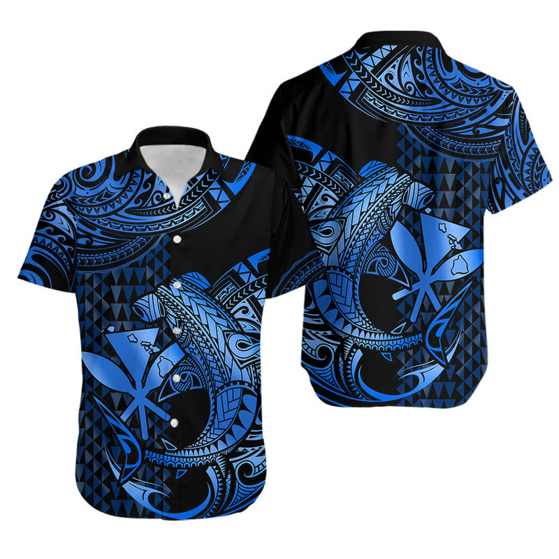 Hawaii Hammerhead Shark Hawaiian Shirt Polynesian Kakau With Kanaka Blue LT14 Blue - Polynesian Pride