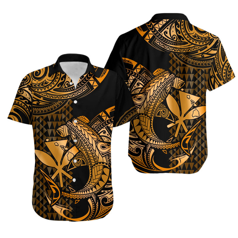 Hawaii Hammerhead Shark Hawaiian Shirt Polynesian Kakau With Kanaka Gold LT14 Gold - Polynesian Pride