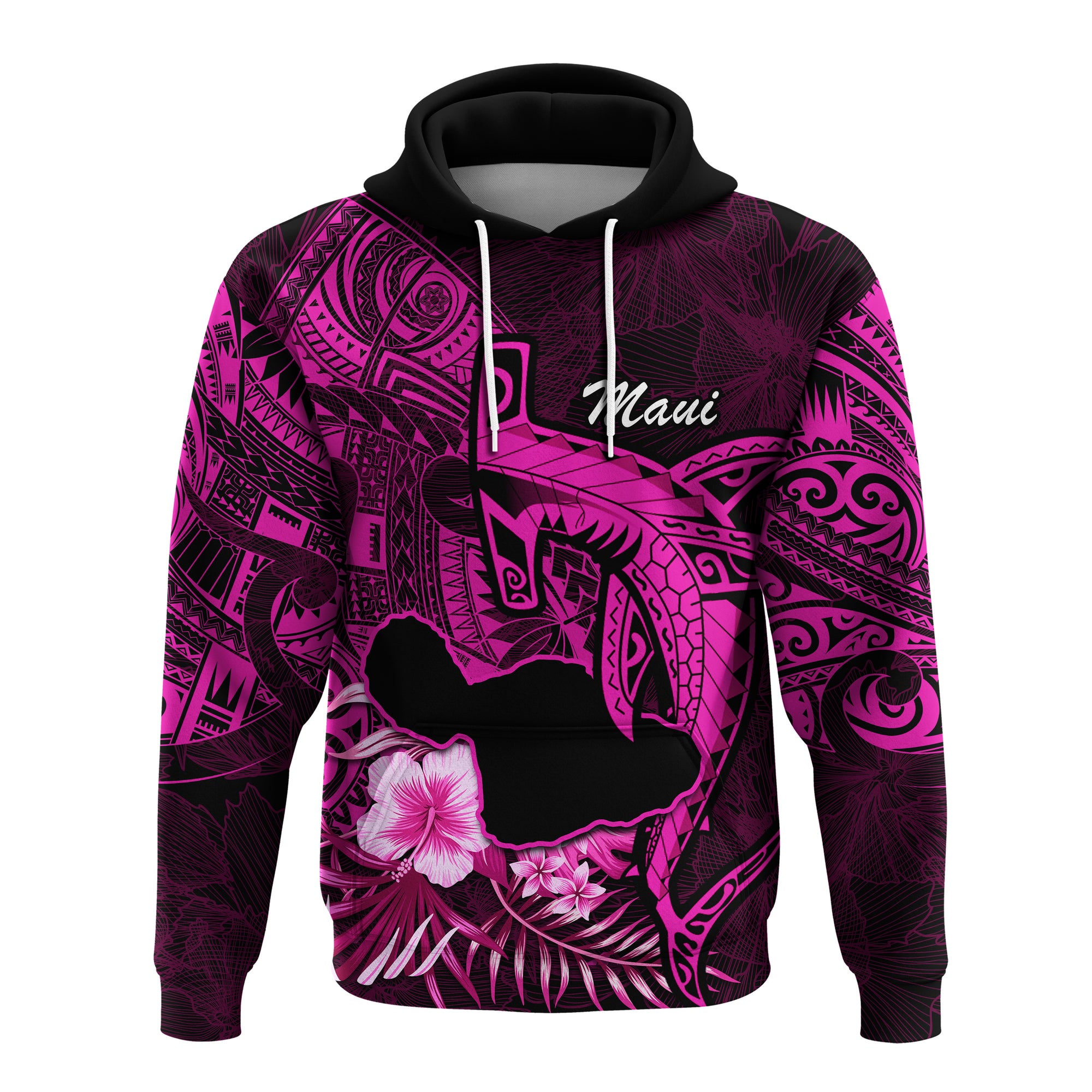 Hawaii Islands Hoodie Maui Map Hawaiian Shark With Tropical Flowers LT14 Pink - Polynesian Pride