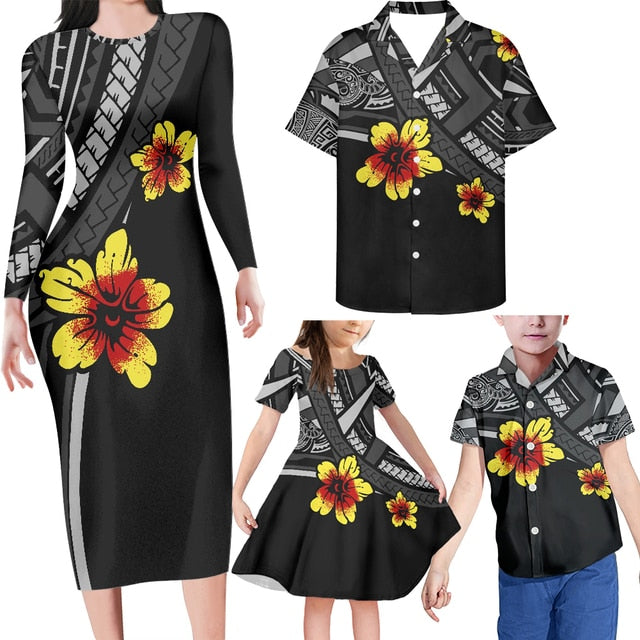 Family Matching Outfits Hawaii Hibiscus Flowers Polynesian Tribal Family Set Bodycon Dress And Hawaii Shirt - Polynesian Pride