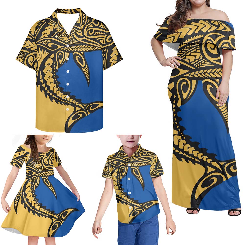 Polynesian Family Matching Outfit Samoan Shark Polynesian Tribal Off Shoulder Long Sleeve Dress And Shirt Family Set - Polynesian Pride