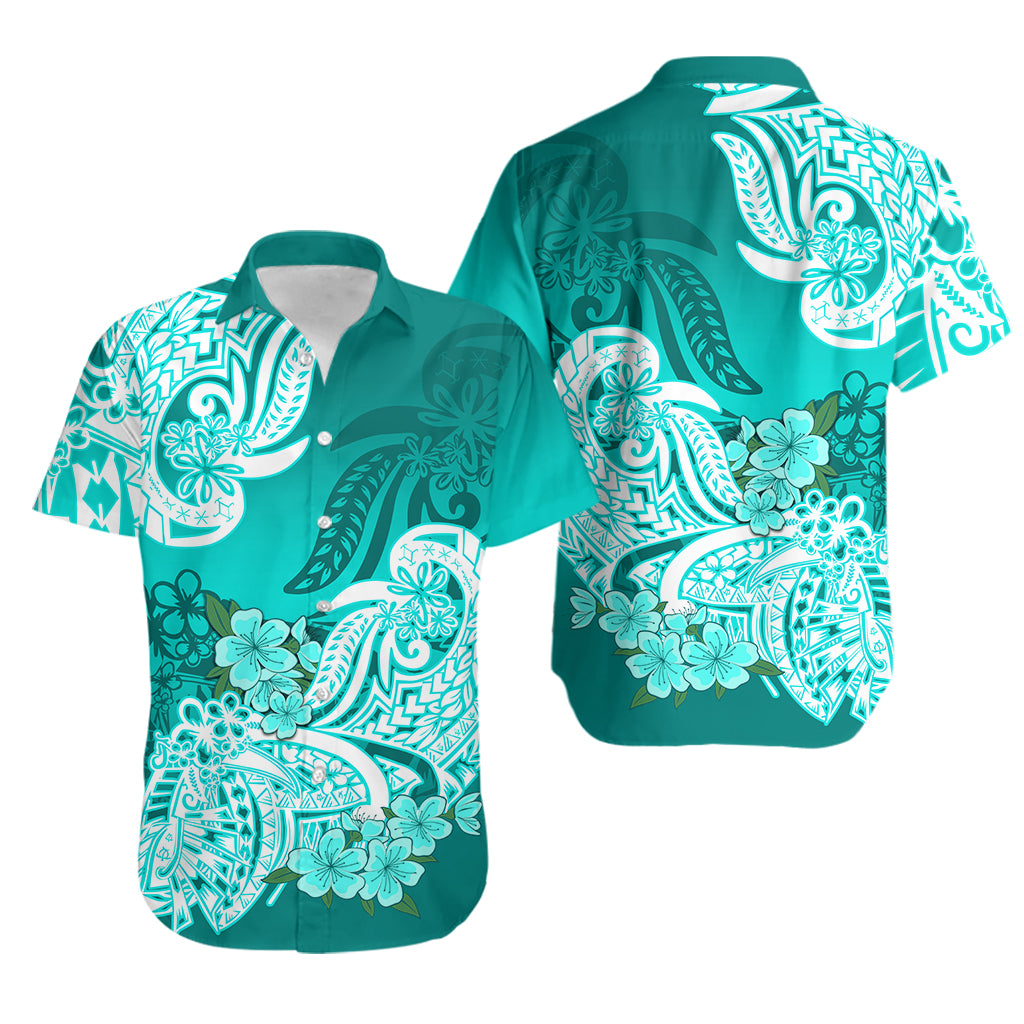 Polynesian Matching Couple Outfit Floral Tribal Puletasi Dress and Hawaiian Shirt Turquoise LT9 - Polynesian Pride