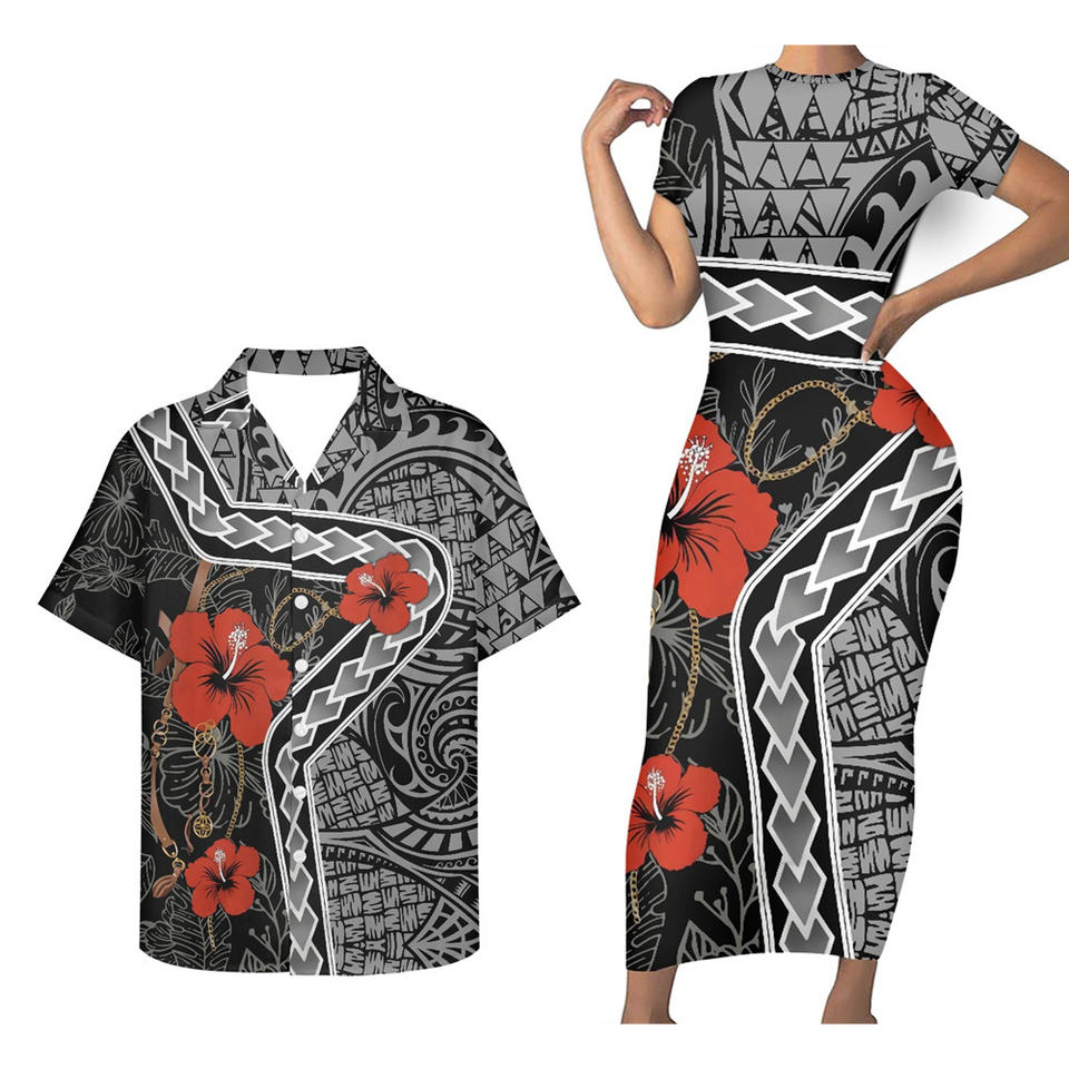 Matching Outfit For Couples Hawaii Hibiscus Polynesian Tribal Line Bodycon Dress And Hawaii Shirt - Polynesian Pride