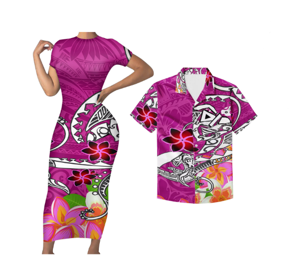 Polynesian Pride Hawaii Couple Outfits Hawaii Plumeria Polynesian Pattern Pink Bodycon Dress And Hawaii Shirt - Polynesian Pride