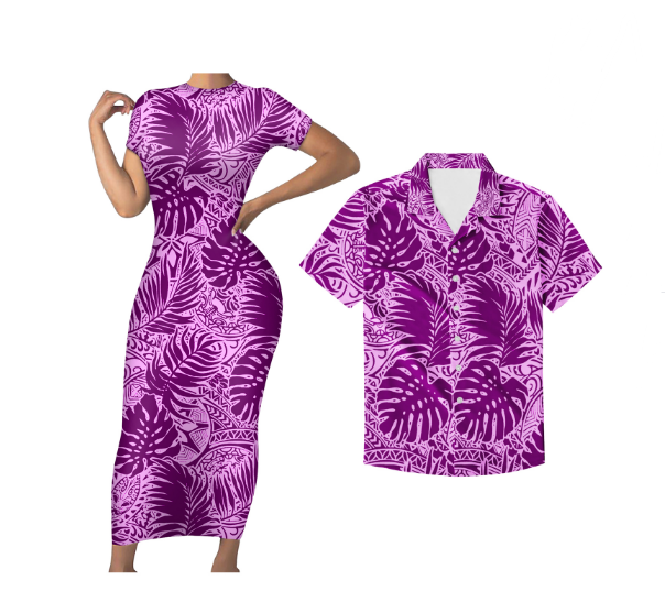 Polynesian Pride Matching Tropical Couple Outfits Hawaii Palm Leaf Purple Bodycon Dress And Hawaii Shirt - Polynesian Pride