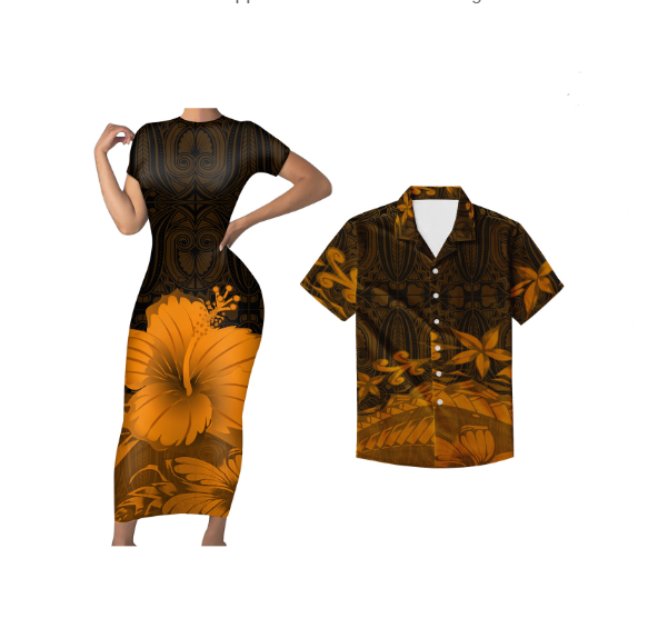 Polynesian Pride His And Hers Matching Tropical Outfits Hawaii Yellow Hibiscus Floral Bodycon Dress And Hawaii Shirt - Polynesian Pride