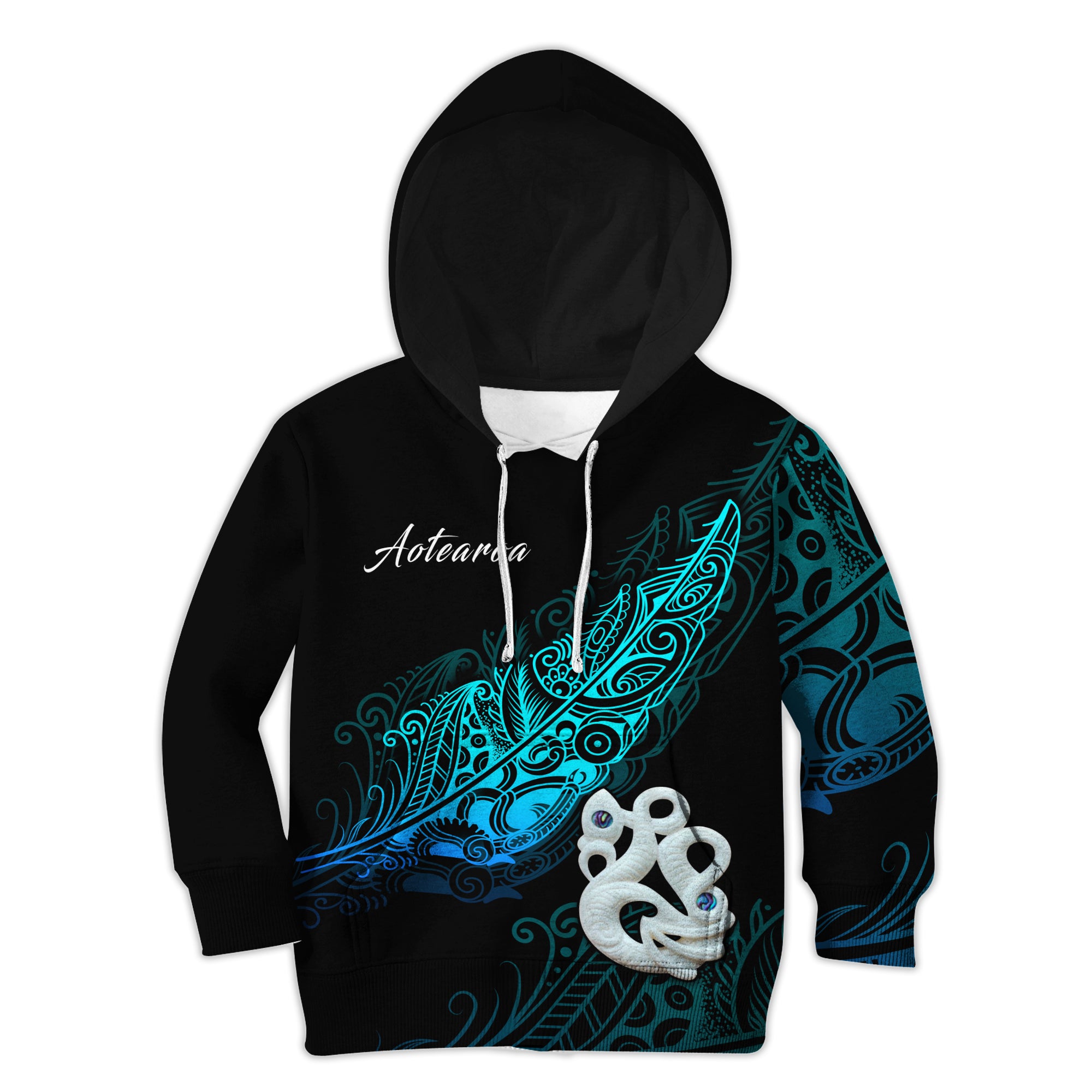 Aotearoa Hoodie KID Fern Mix Manaia Matau RLT7 Black - Polynesian Pride