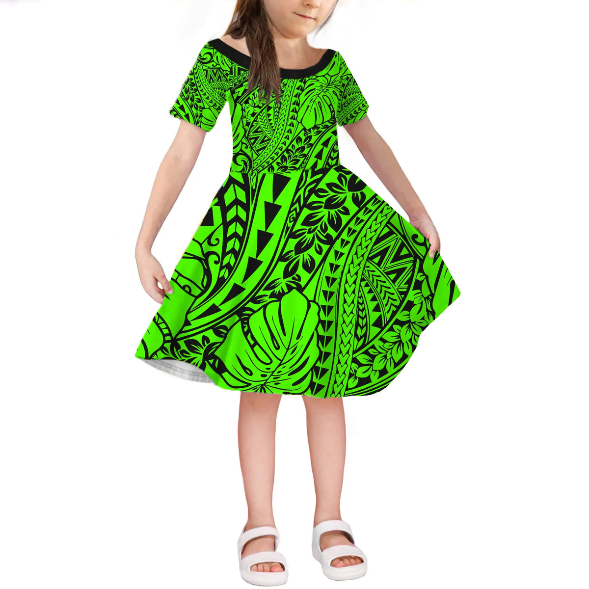 Green Hawaii Family Matching Off Shoulder Maxi Dress And Hawaiian Shirt Tribal Art LT14 - Polynesian Pride