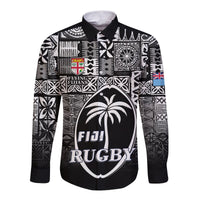 Fiji Rugby Hawaii Long Sleeve Button Shirt Flying Fijians Black Tapa Pattern LT13 Unisex Black - Polynesian Pride