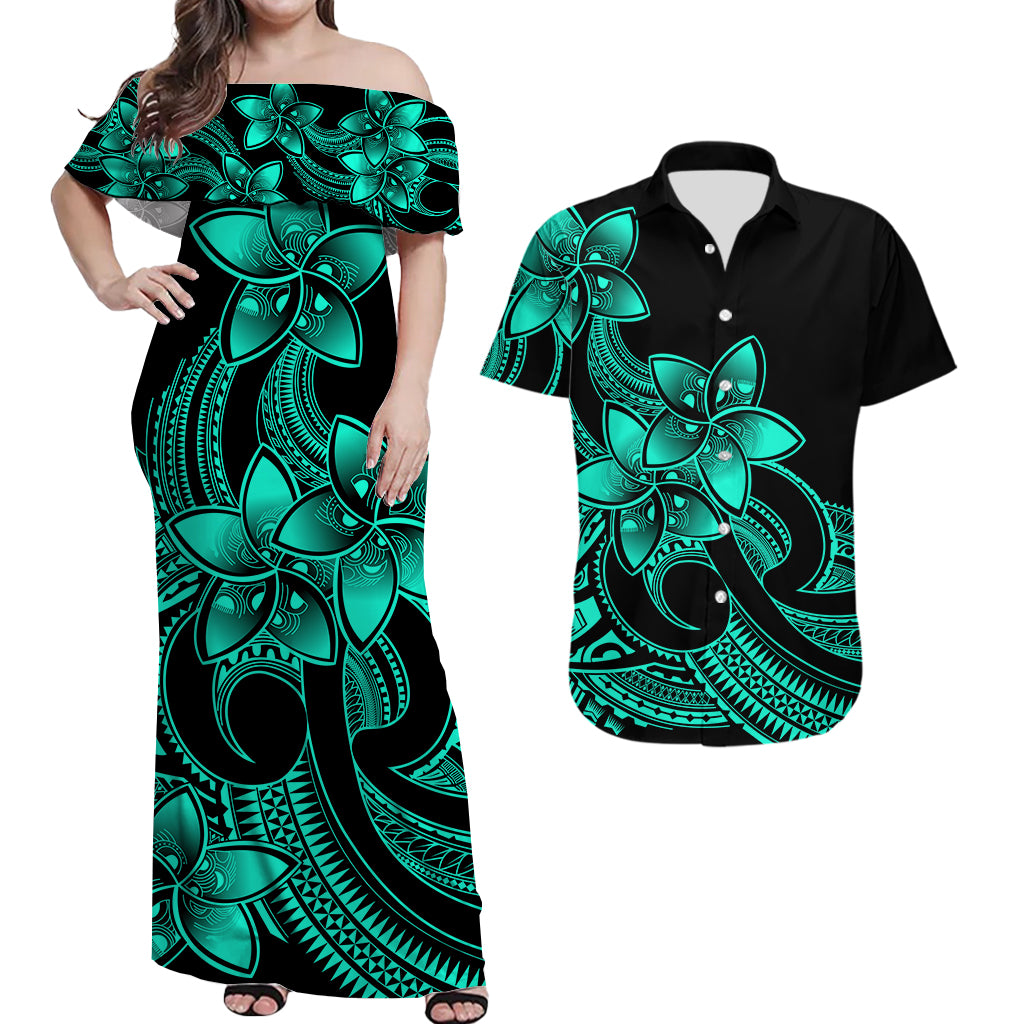 Polynesian Couple Outfits Plumeria Flowers Matching Dress and Hawaiian Shirt Polynesian Tribal Aqua Vibe LT9 Aqua - Polynesian Pride