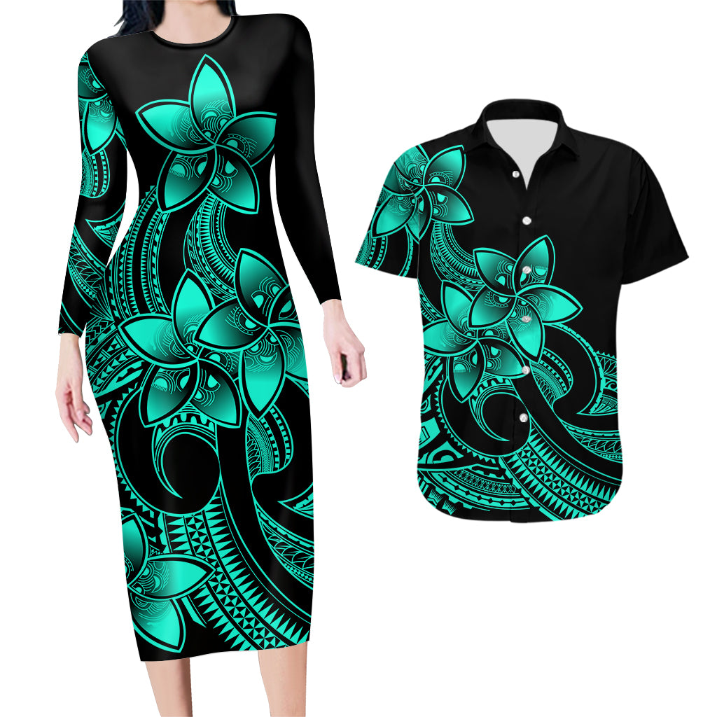 Polynesian Couple Outfits Plumeria Flowers Couples Bodycon Dress Hawaiian Shirt Polynesian Tribal Aqua Vibe LT9 Aqua - Polynesian Pride