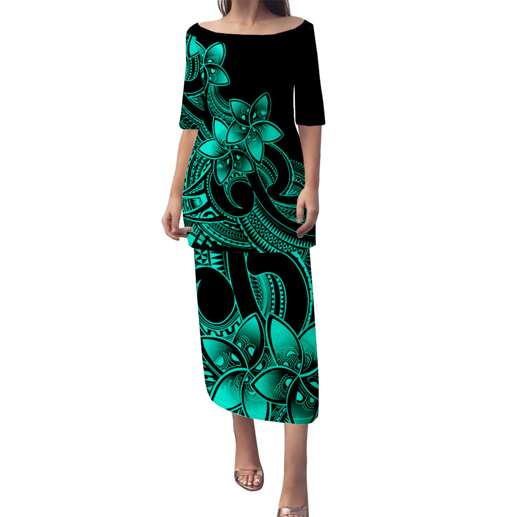 Polynesian Couple Outfits Plumeria Flowers Puletasi Dress and Hawaiian Shirt Polynesian Tribal Aqua Vibe LT9 - Polynesian Pride
