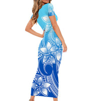 Polynesian Pride Plumeria Flowers Short Sleeve Body Long Dress Polynesian Tribal Gradient Blue LT9 - Polynesian Pride