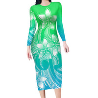 Polynesian Couple Outfits Plumeria Flowers Couples Bodycon Dress Hawaiian Shirt Polynesian Tribal Gradient Green LT9 - Polynesian Pride