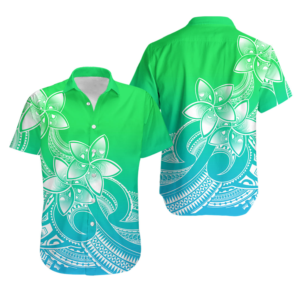 Polynesian Couple Outfits Plumeria Flowers Short Sleeve Body Long Dress and Hawaiian Shirt Polynesian Tribal Gradient Green LT9 - Polynesian Pride