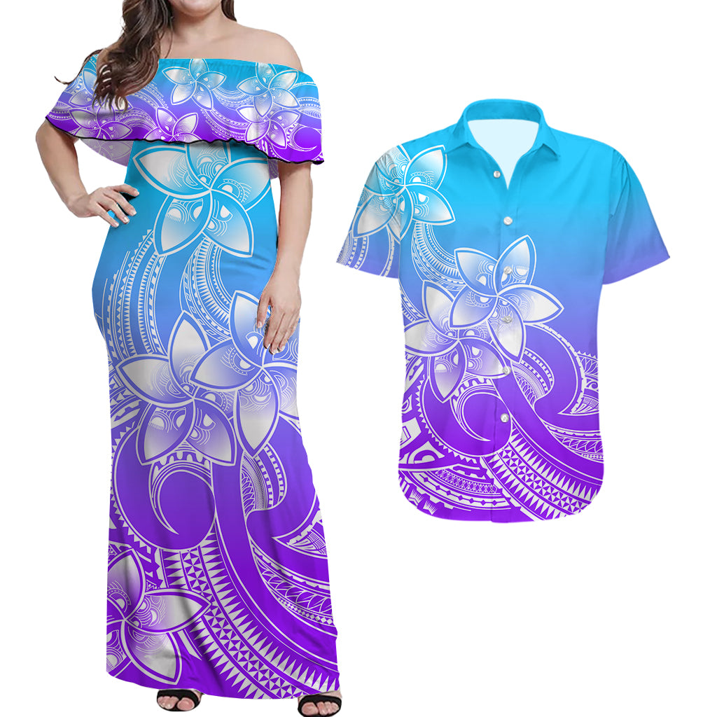 Polynesian Couple Outfits Plumeria Flowers Matching Dress and Hawaiian Shirt Polynesian Tribal Gradient Purple LT9 Gradient Purple - Polynesian Pride