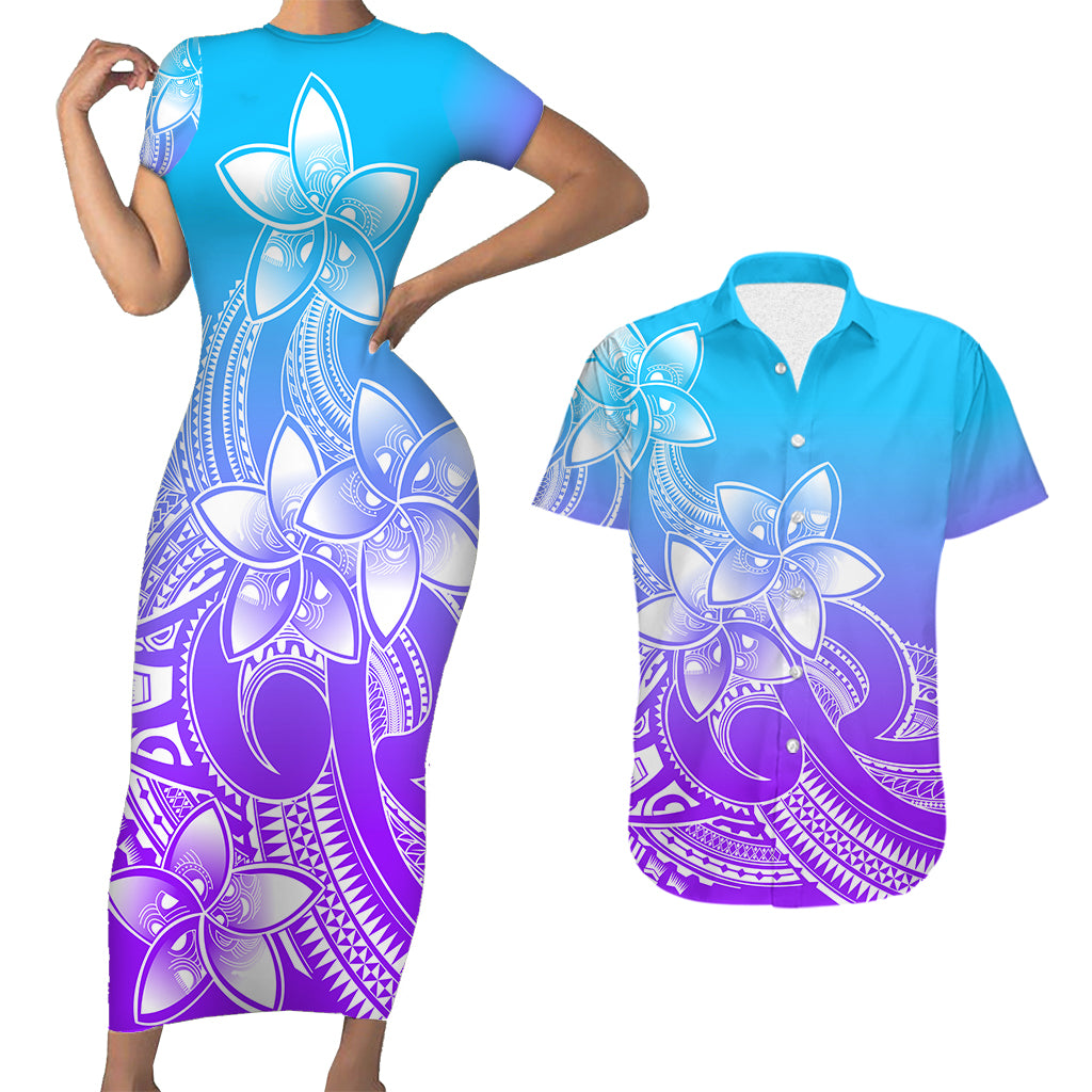 Polynesian Couple Outfits Plumeria Flowers Short Sleeve Body Long Dress and Hawaiian Shirt Polynesian Tribal Gradient Purple LT9 Gradient Purple - Polynesian Pride