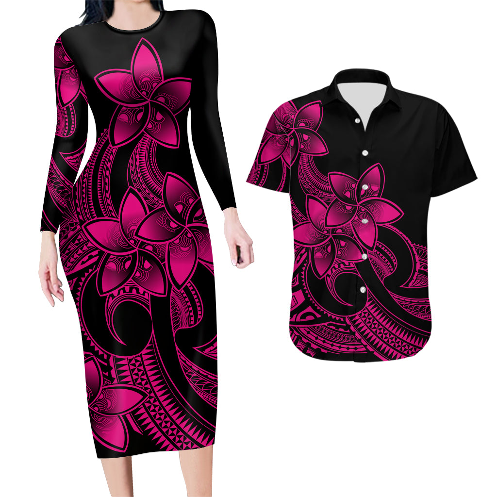 Polynesian Couple Outfits Plumeria Flowers Couples Bodycon Dress Hawaiian Shirt Polynesian Tribal Pink Vibe LT9 Pink - Polynesian Pride