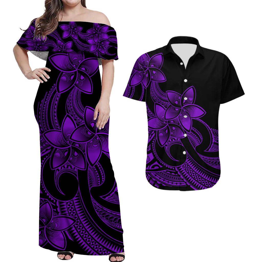 Polynesian Couple Outfits Plumeria Flowers Matching Dress and Hawaiian Shirt Polynesian Tribal Purple Vibe LT9 Purple - Polynesian Pride