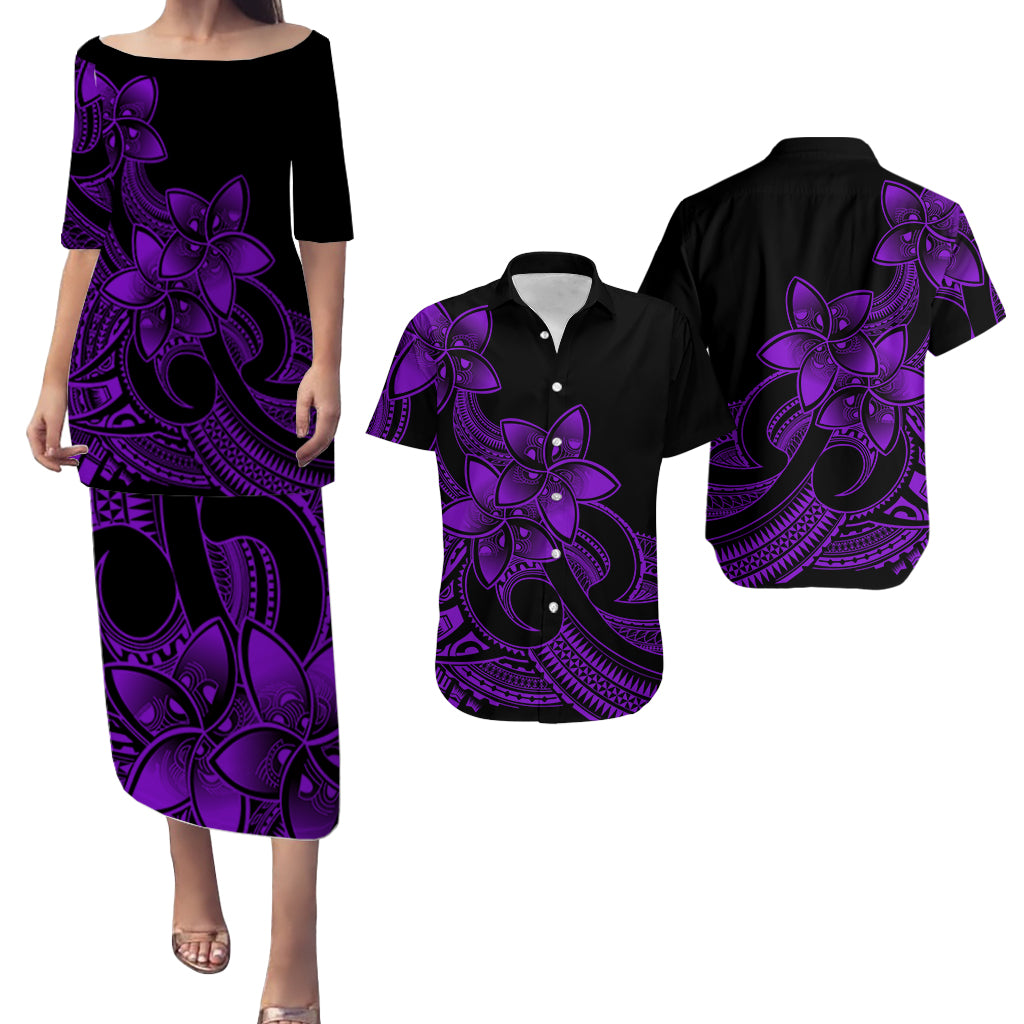 Polynesian Couple Outfits Plumeria Flowers Puletasi Dress and Hawaiian Shirt Polynesian Tribal Purple Vibe LT9 Purple - Polynesian Pride