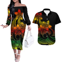 Polynesian Couple Outfits Plumeria Flowers Couples Long Sleeve Dress and Hawaiian Shirt Polynesian Tribal Reggae Vibe LT9 Reggae - Polynesian Pride