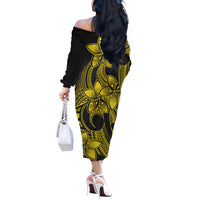 Polynesian Couple Outfits Plumeria Flowers Couples Long Sleeve Dress and Hawaiian Shirt Polynesian Tribal Yellow Vibe LT9 - Polynesian Pride