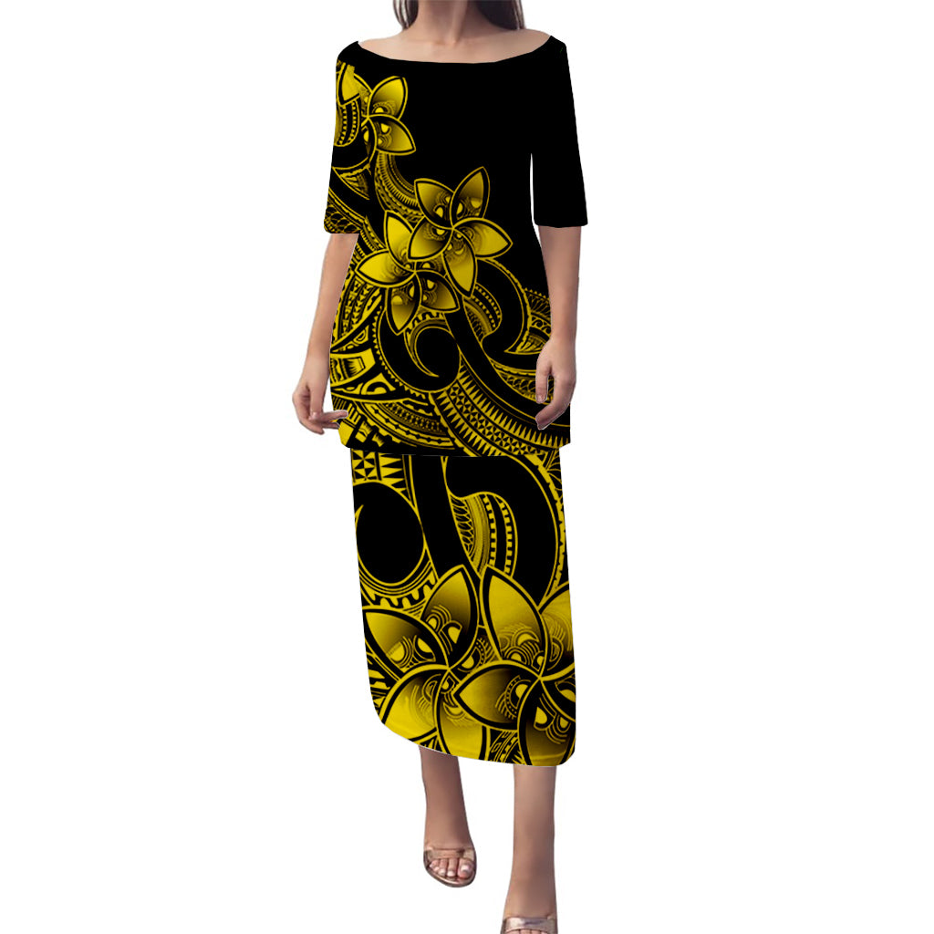 Polynesian Couple Outfits Plumeria Flowers Puletasi Dress and Hawaiian Shirt Polynesian Tribal Yellow Vibe LT9 - Polynesian Pride