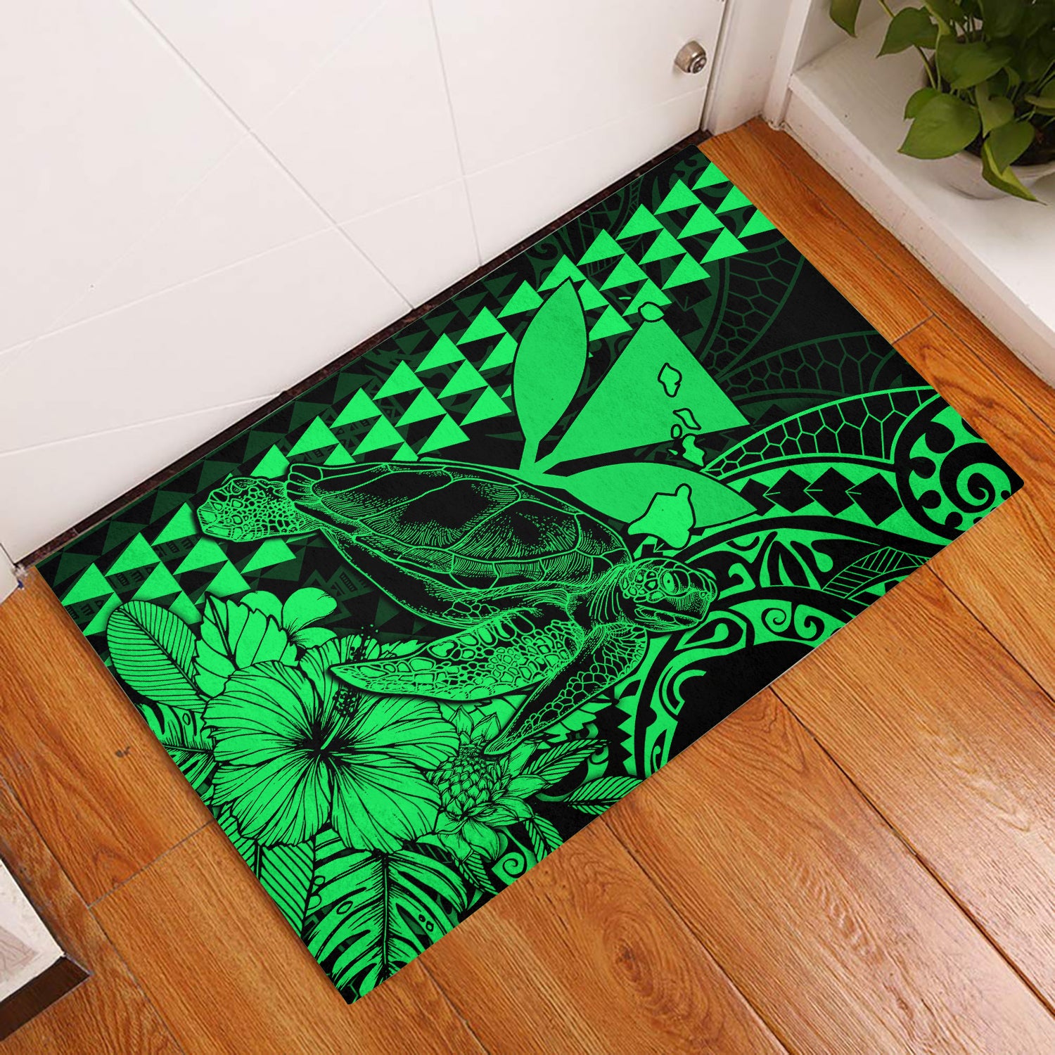 Hawaii Sea Turtle Door Mats Polynesia Kakau with Kanaka Maoli Green LT9 Green - Polynesian Pride