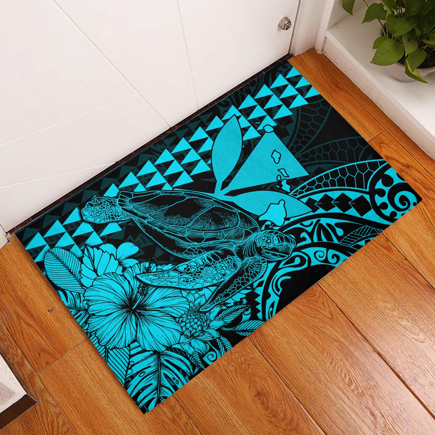 Hawaii Sea Turtle Door Mats Polynesia Kakau with Kanaka Maoli Teal LT9 Teal - Polynesian Pride