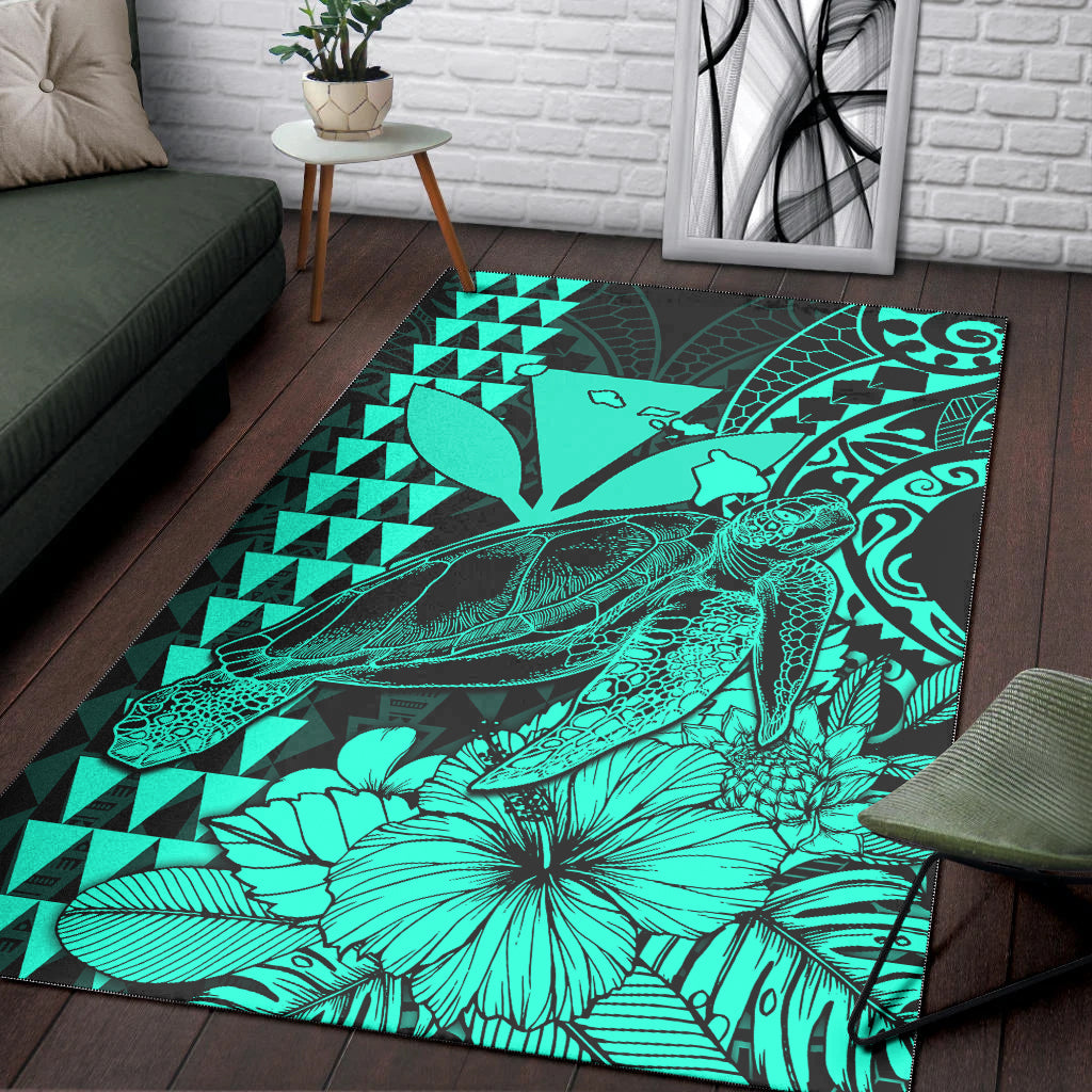 Hawaii Sea Turtle Area Rug Polynesia Kakau with Kanaka Maoli Turquoise LT9 Turquoise - Polynesian Pride