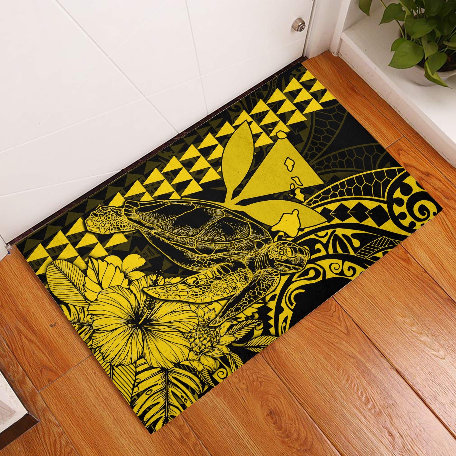 Hawaii Sea Turtle Door Mats Polynesia Kakau with Kanaka Maoli Yellow LT9 Yellow - Polynesian Pride