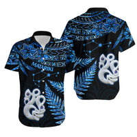 Couples Matching Hawaiian Outfits Matariki New Zealand Puletasi Dress and Hawaiian Shirt Manaia with Paua Shell - Blue LT9 - Polynesian Pride